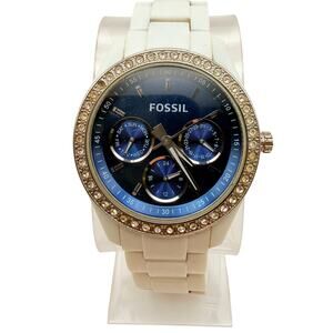 Fossil Stella White Ceramic Watch Sapphire Blue Dial Crystal Bezel Multifunction